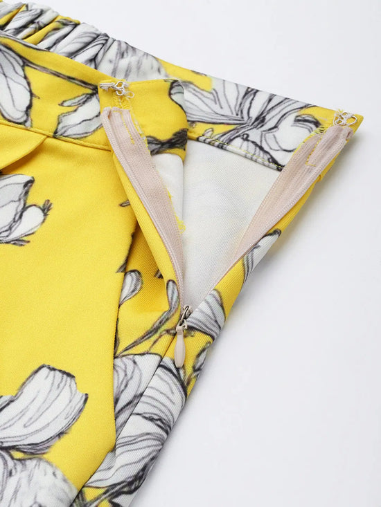 Women Yellow Floral Scuba Straight Pants