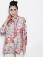 Women Beige Pink Newspaper Print Satin Shirt