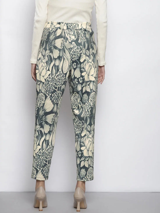 Women Grey Floral Scuba Straight Pants