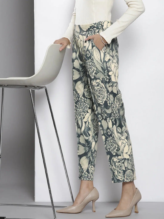 Women Grey Floral Scuba Straight Pants