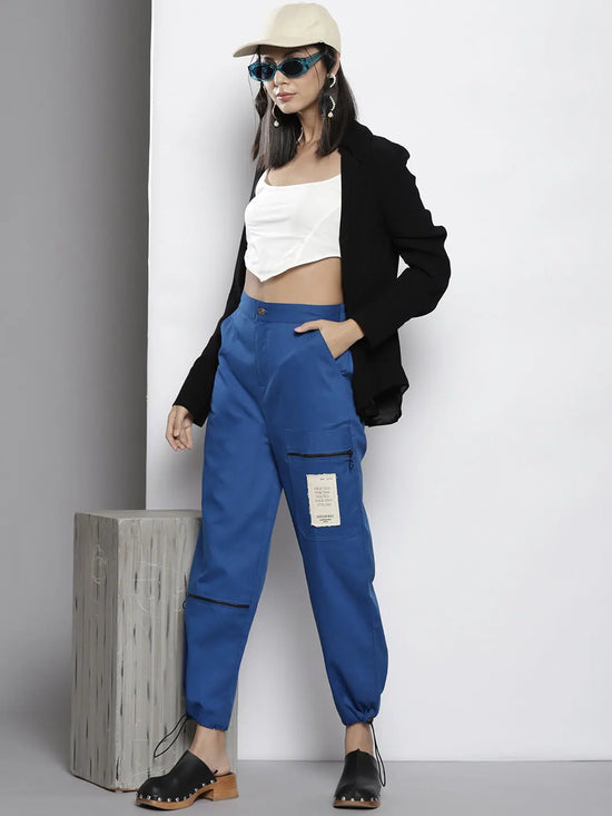 Women Blue Twill Pull Hem Joggers