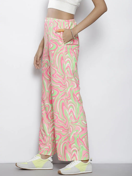 Women Pink & Green Abstract Waves Print Straight Pants