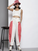 Women White & Pink Twill Color Block Carrot Fit Pants