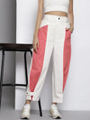 Women White & Pink Twill Color Block Carrot Fit Pants