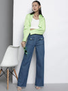 Women Blue Front Flap Pocket Stretch Flared Jeans