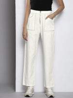 Women White Twill Show Zipper Straight Pants