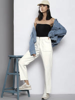 Women White Twill Show Zipper Straight Pants