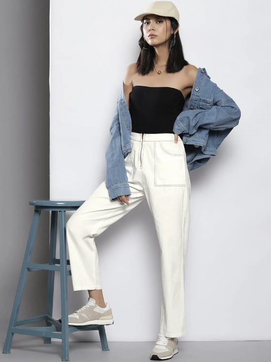 Women White Twill Show Zipper Straight Pants