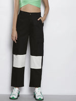 Women Black & White Color Block Side Pockets Twill Pants