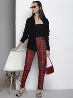 Women Red Check Knit Tapered Pants