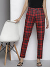 Women Red Check Knit Tapered Pants