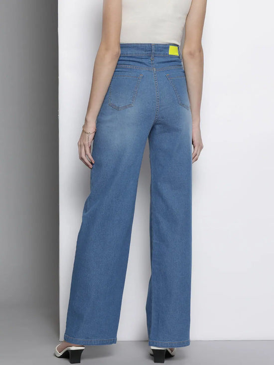 Women Blue Front Zipper Stretch Straight Jeans