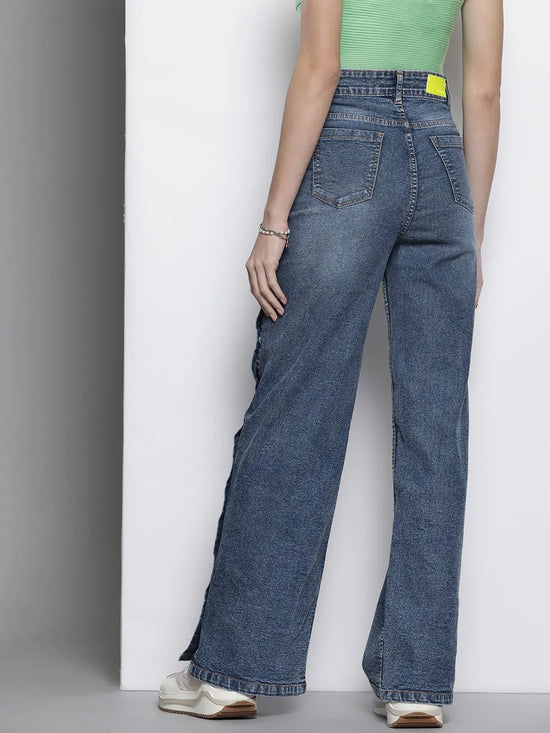 Women Blue Side Button Placket Stretch Straight Jeans