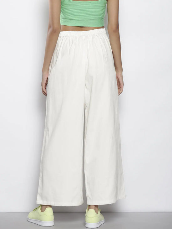 Women White Twill Contrast Stitch Wide Leg Pants