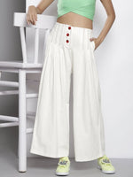 Women White Twill Contrast Stitch Wide Leg Pants