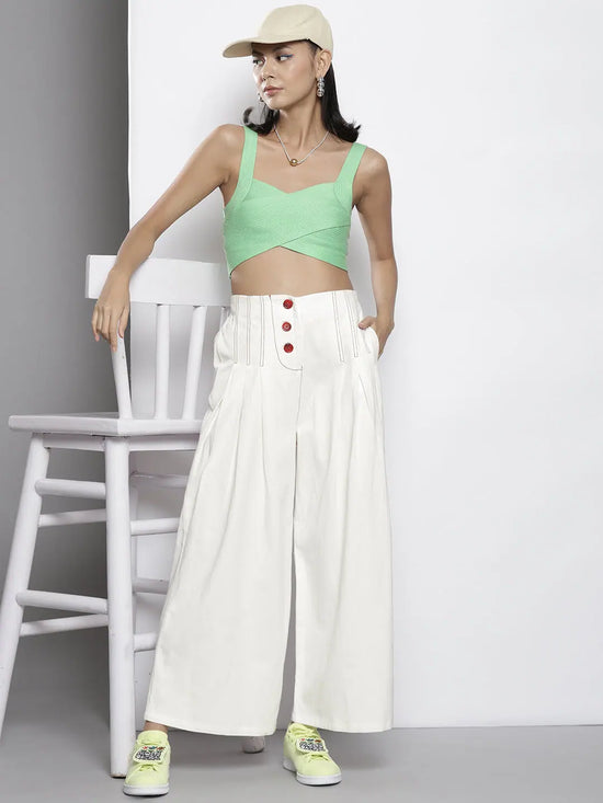 Women White Twill Contrast Stitch Wide Leg Pants