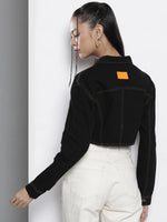 Women Solid Black Collared Neck Full Sleeve Jacket