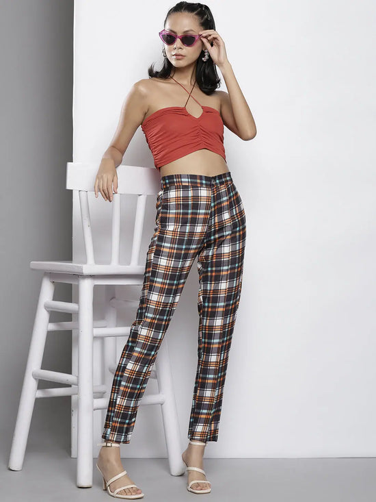 Women Yellow Check Knit Tapered Pants