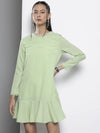 Women Green Pin Dot Frill Hem Dress