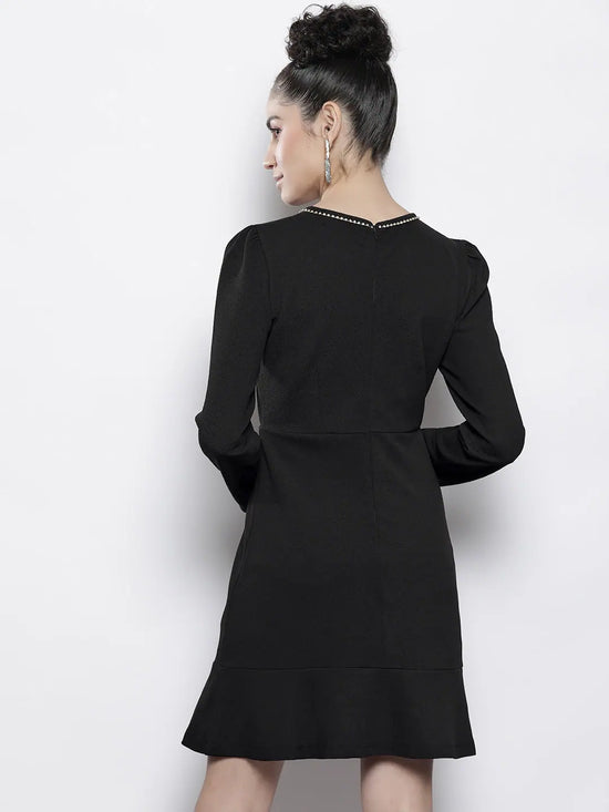 Women Black Frill Hem Knit Dress