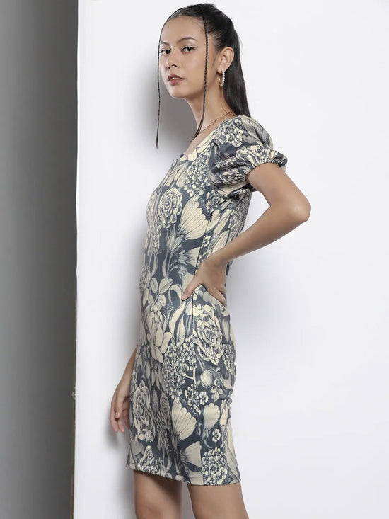 Women Grey Floral Scuba Bodycon Dress