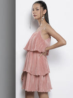 Women Pink Pleated Chinon Frill Dress