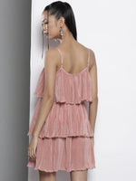 Women Pink Pleated Chinon Frill Dress