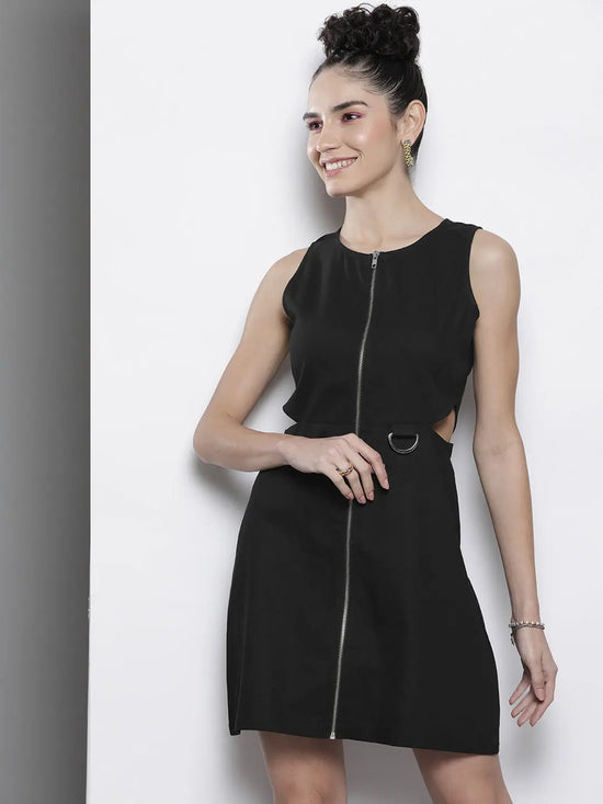 Women Black Twill Side Cut Out Dress