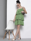 Women Olive Pleated Chinon Frill Dress