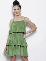 Women Olive Pleated Chinon Frill Dress