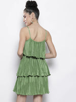 Women Olive Pleated Chinon Frill Dress