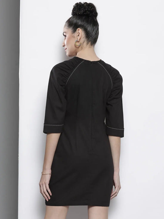 Women Black Twill Volume Shoulder Shift Dress