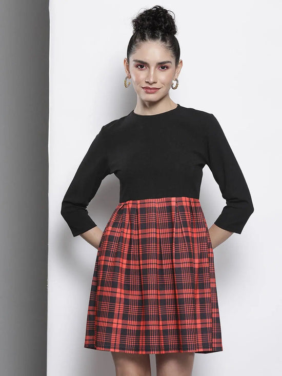 Women Red Check Knit Pleated Skater Dress