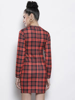 Women Red Check Knit High Neck Bodycon Dress