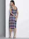 Women Blue Check Knit Square Neck Bodycon Dress