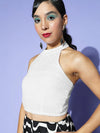 Women White Sequence Mesh Net Halter Neck Crop Top