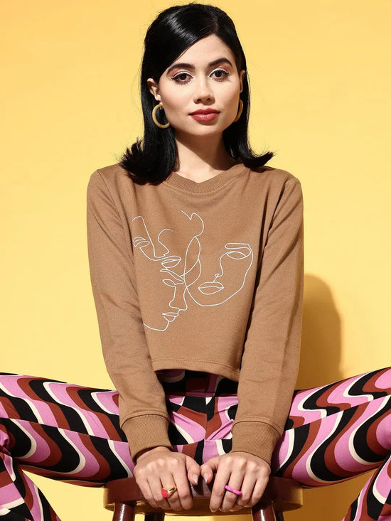 Women Brown Line Art Crop Terry Sweatshirt