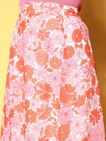 Women Orange & Pink Floral Flared Midi Skirt