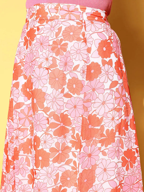 Women Orange & Pink Floral Flared Midi Skirt