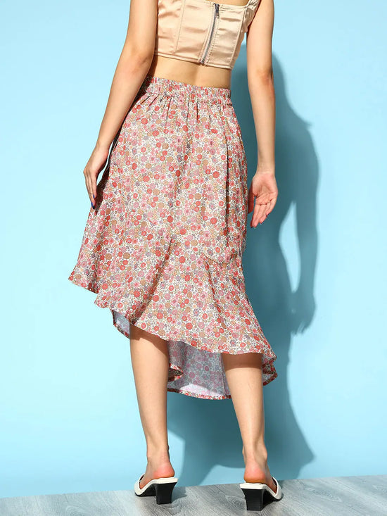 Women Pink & Beige Ditsy Floral Cascading Ruffle Skirt