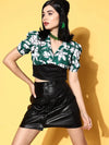 Women Emerald Green & White Floral Collar Crop Top