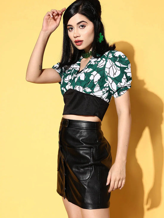 Women Emerald Green & White Floral Collar Crop Top