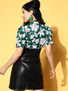 Women Emerald Green & White Floral Collar Crop Top