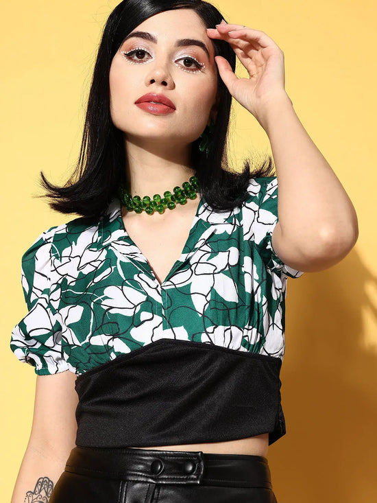 Women Emerald Green & White Floral Collar Crop Top