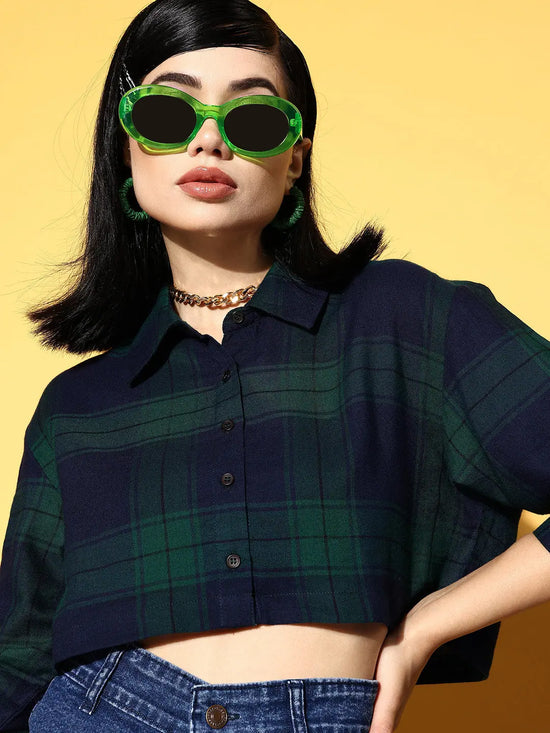 Women Navy Check Crop Shirt