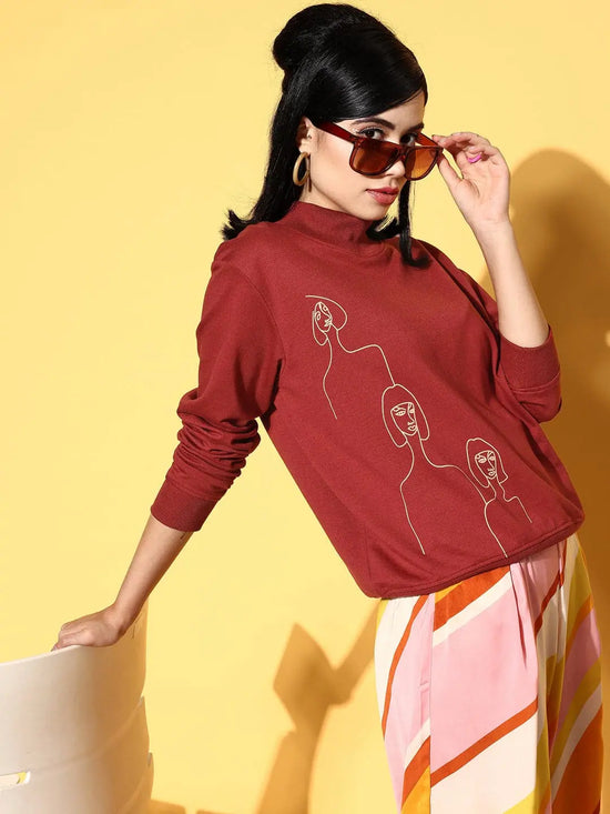 Women Rust Line Art High Neck Terry Sweatshirt