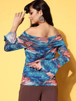 Women Blue Marble Print Mesh Net Off Shoulder Top