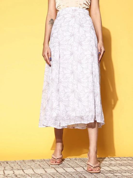 Women White Floral Flared Midi Skirt