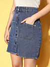 Women Blue Washed Denim Front Button Mini Skirt