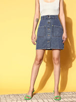 Women Blue Washed Denim Front Button Mini Skirt